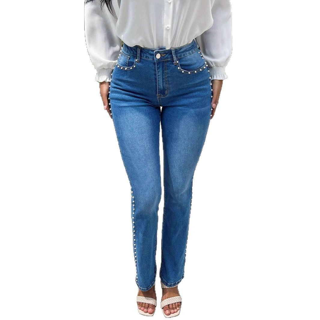 Ladies high-waisted slim jeans with pearl details on pockets and side seams Chichicherry