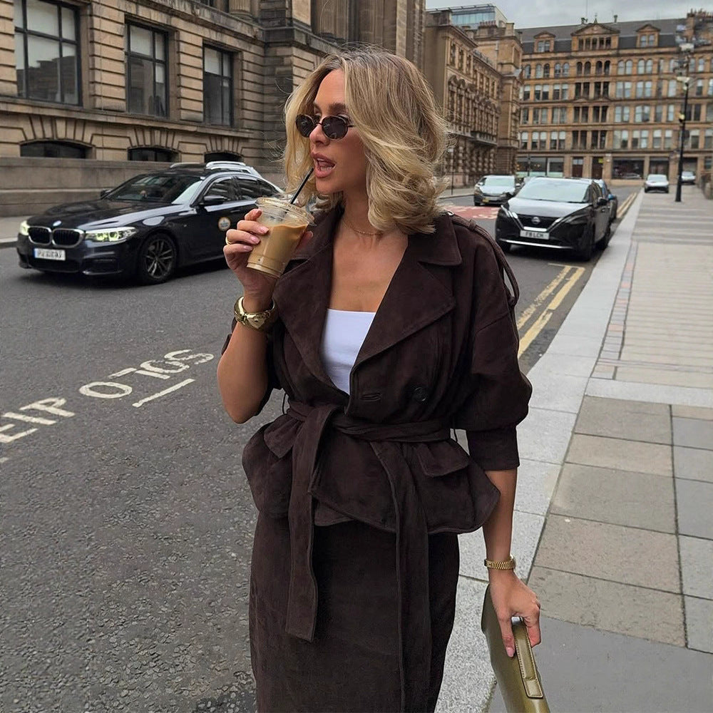 Women Velvet-Suede Trench Coat with Waist Belt and Peplum Silhouette Chichicherry