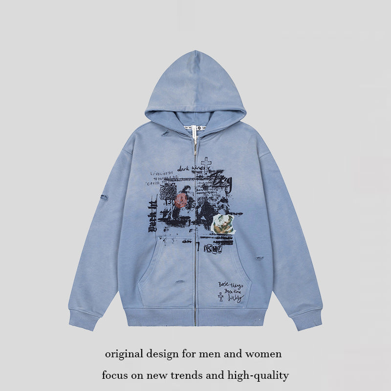 Unisex Oversize Hoodie with Zipper, Used Effect, Vintage Print and Kangaroo Pockets Chichicherry