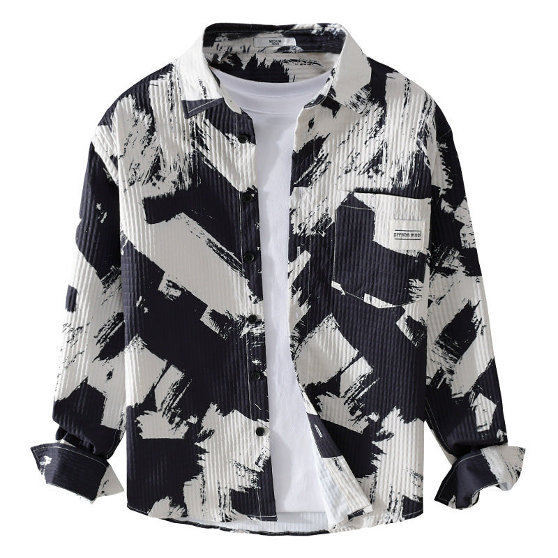 Men Creped Overshirt Jacket with Abstract Brush Print and Chest Pocket Chichicherry