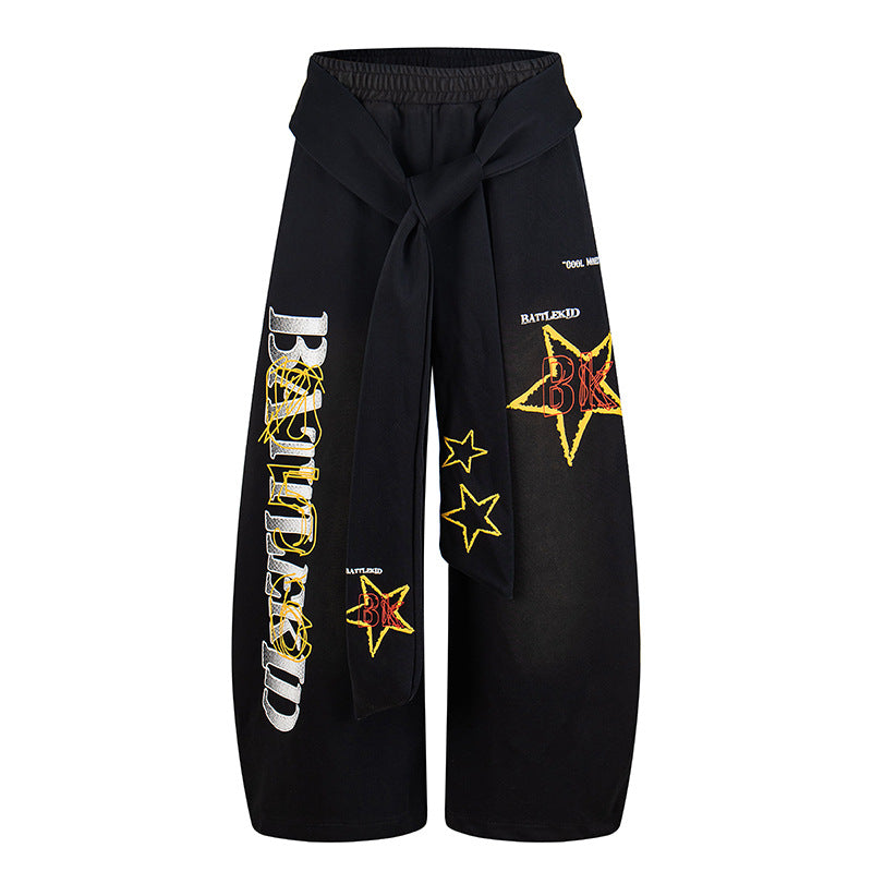 Ladies Wide Palazzo Culotte Pants with Integrated Tie Belt and Star Graphic Chichicherry