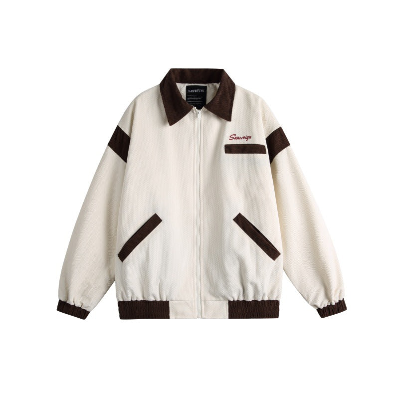 Unisex Harrington Blouson Jacket with Textured Fabric and Contrast Trim Chichicherry