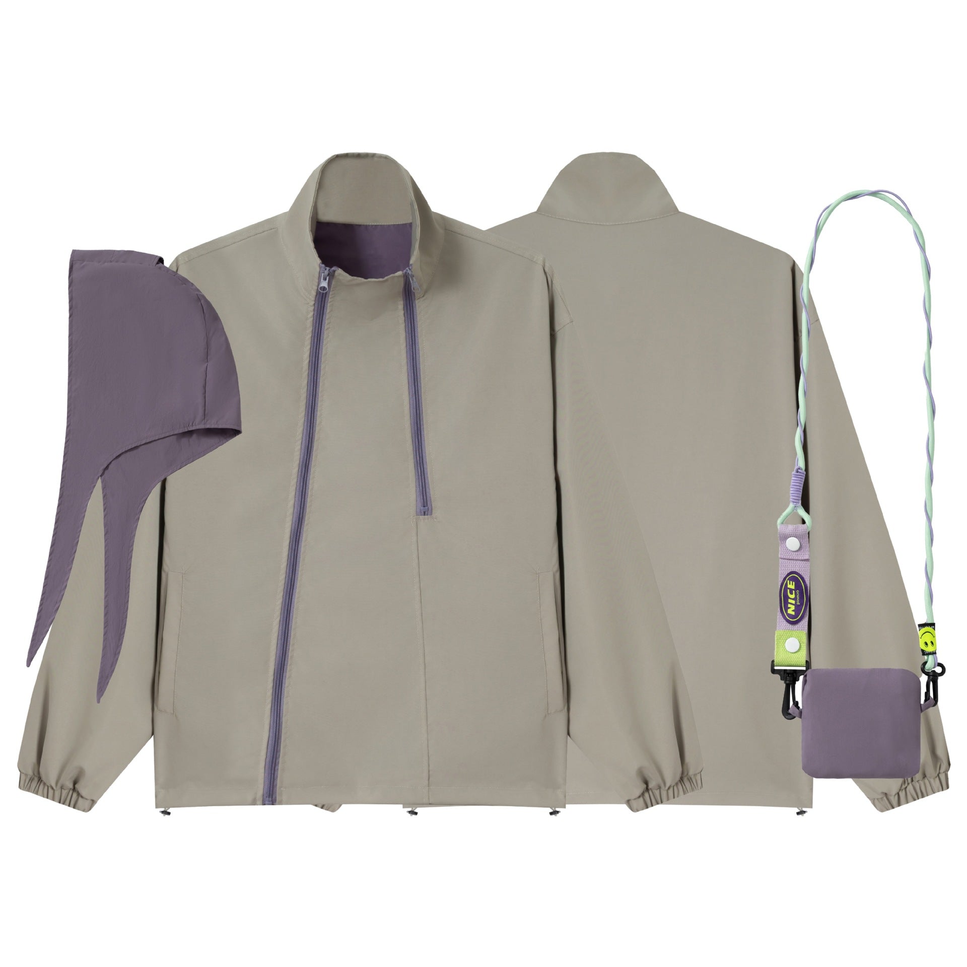 Unisex Loose-fitting functional jacket with double zipper, high stand-up collar, and accessory set Chichicherry