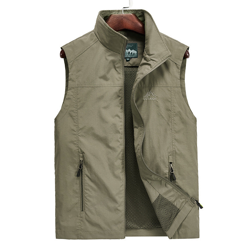 Men's Lightweight Breathable Outdoor Utility Vest with Stand-up Collar, Zipper Pockets, and Mesh Lining Chichicherry