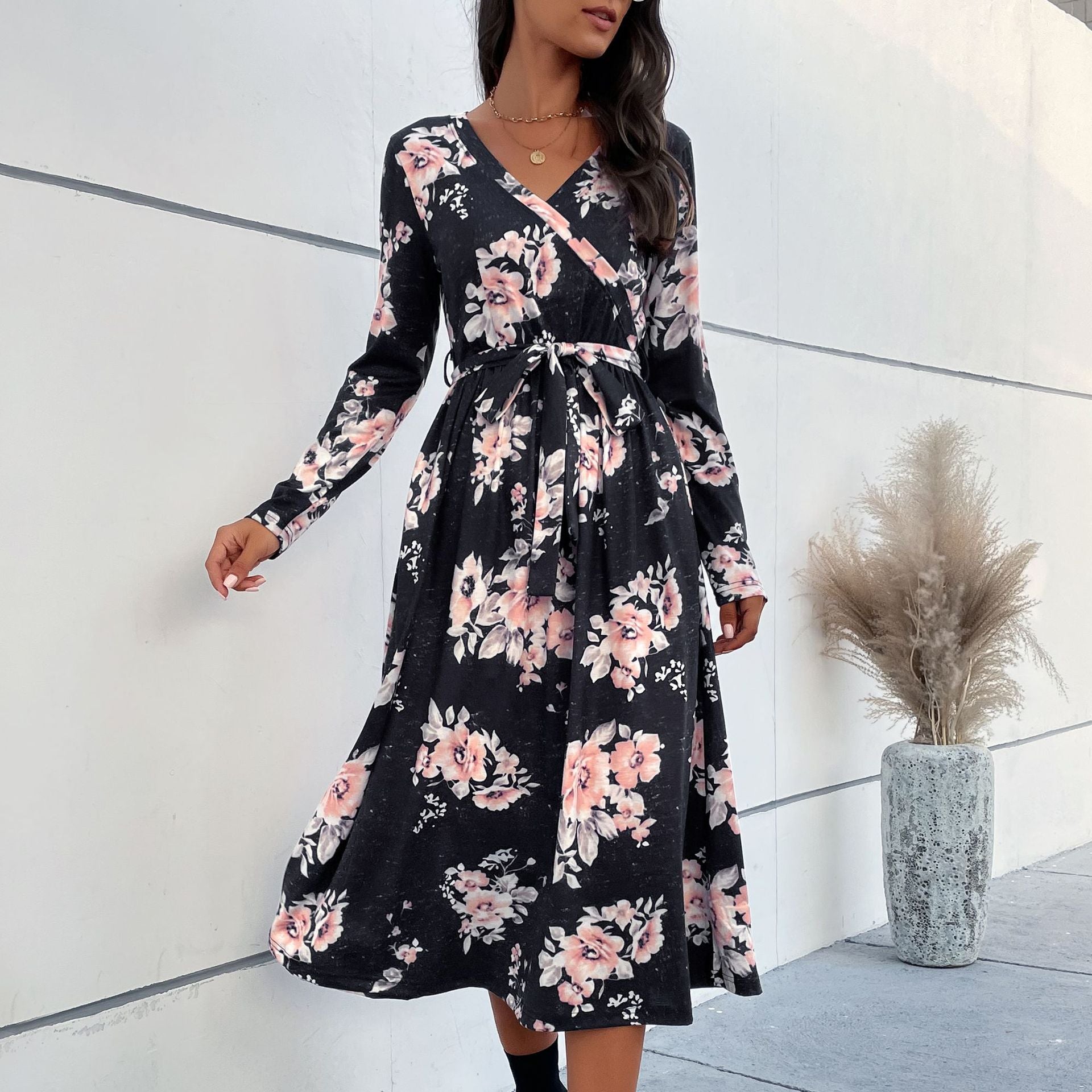 Women Floral Wrap Midi Dress with V-Neck, Waist Belt and Flared Skirt Chichicherry
