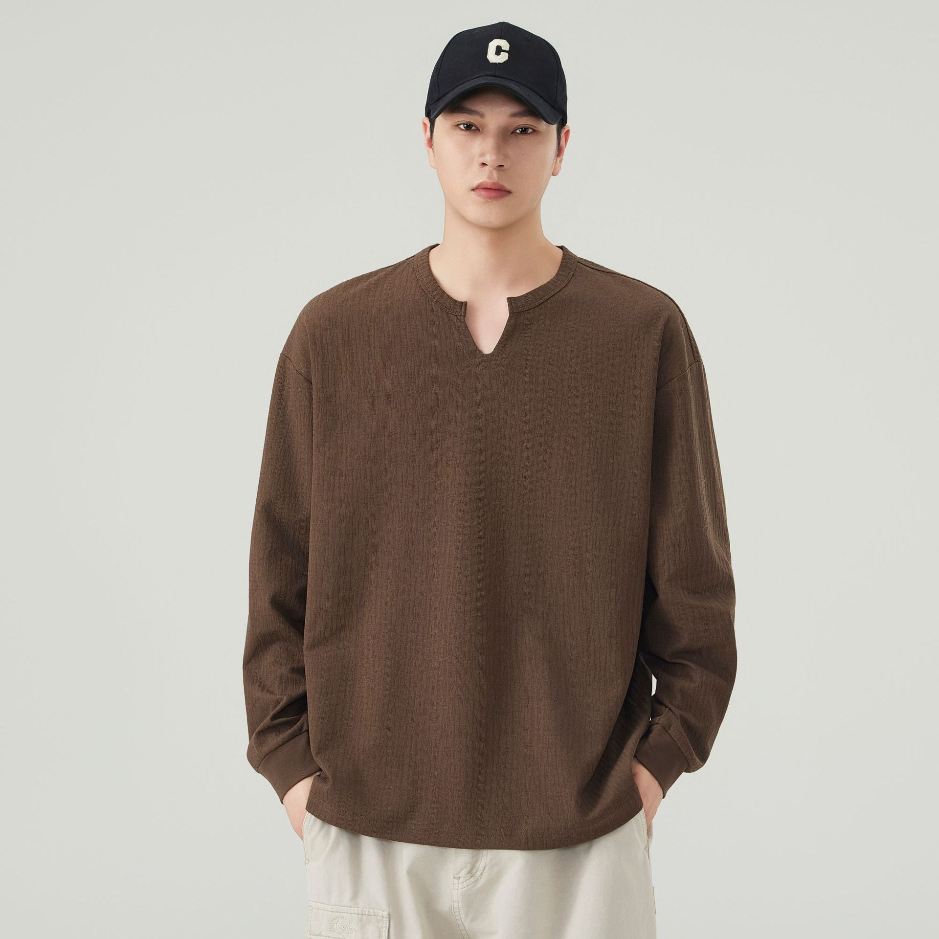 Men's Loose Long Sleeve Shirt with V-Notch Collar and Textured Cotton Blend Chichicherry