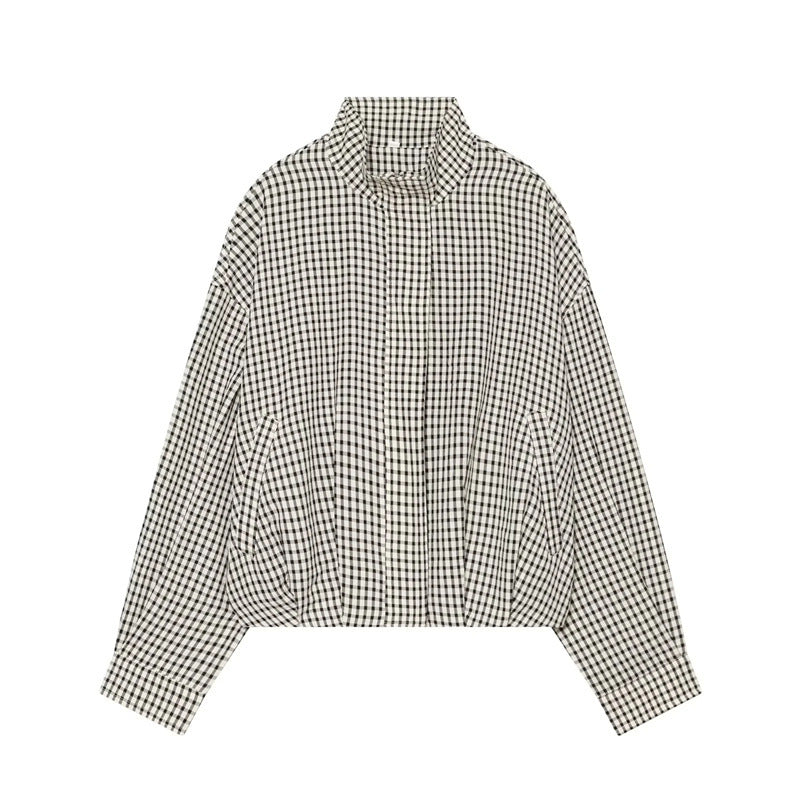 Women's short-cut boxy blouse in Vichy check with stand-up collar and elastic hem Chichicherry