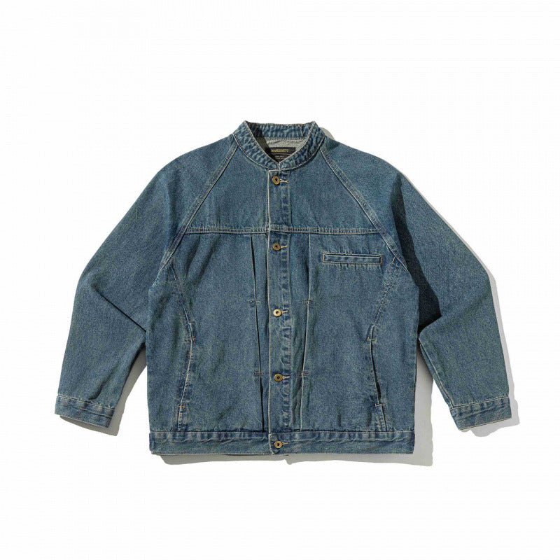 Unisex Boxige Denim Jacket in Worker Look with Stand Collar, Raglan Sleeves and Chest Welt Pocket Chichicherry