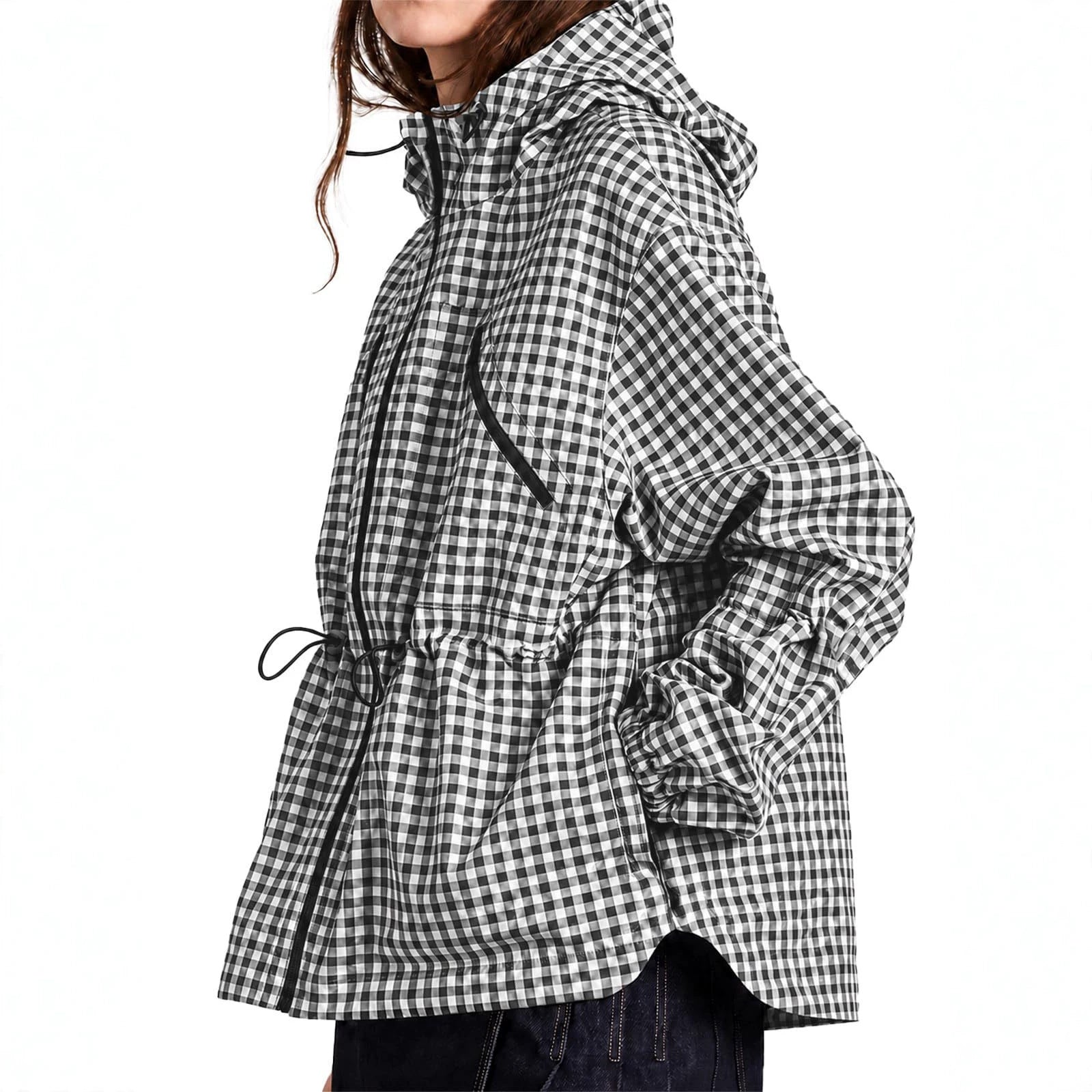 Women's Water-repellent Oversized Hooded Jacket in Check Pattern with Waist Drawstring Chichicherry