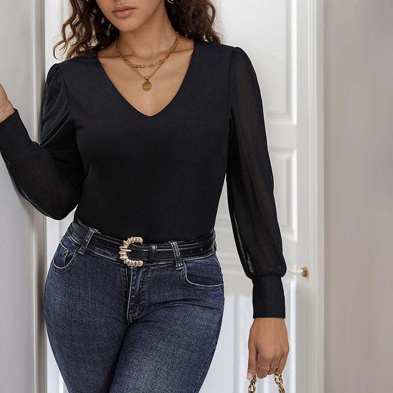 Women's Long-Sleeve Bodysuit with Deep V-Neck, Fitted Silhouette, and Transparent Mesh Sleeves Chichicherry