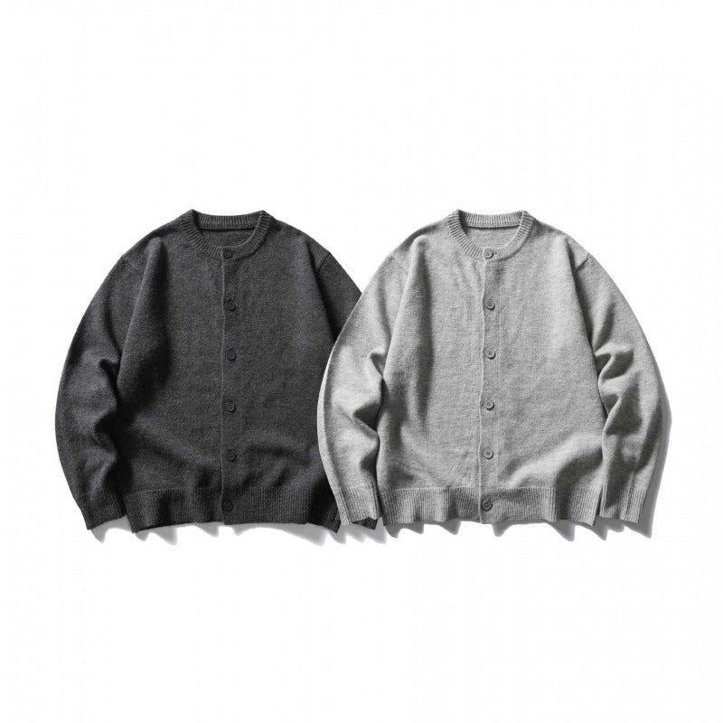 Unisex Boxy Fine Knit Cardigan with Round Neck and Ribbed Trims Chichicherry