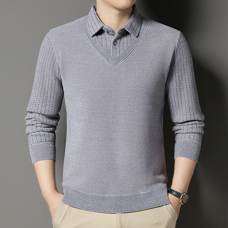 Herren Feinstrick-Pullover mit V-Ausschnitt und integriertem Polokragen Chichicherry