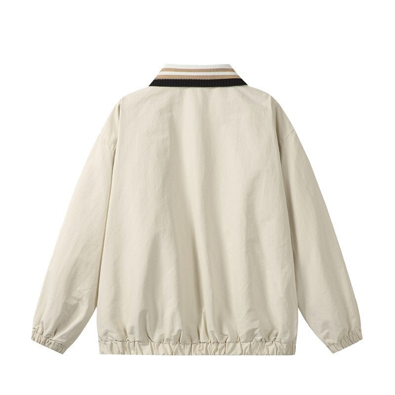 Men's Lightweight Harrington-Style Bomber Jacket with Striped Ribbed Collar and Snap Button Pockets Chichicherry