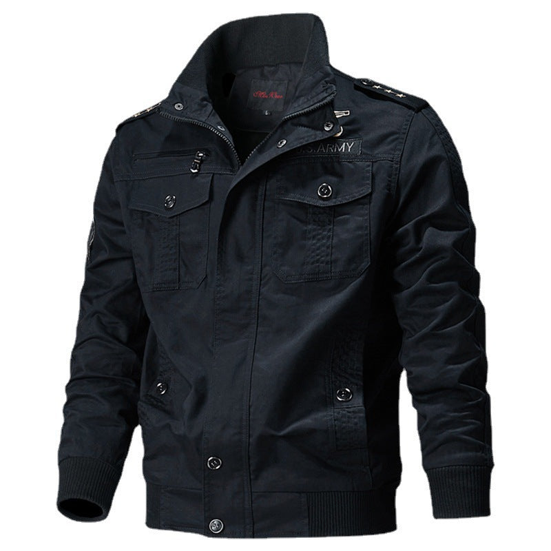 Men's Canvas Pilot Jacket with Shoulder Piping, Zipper Placket and Utility Flap Pockets Chichicherry