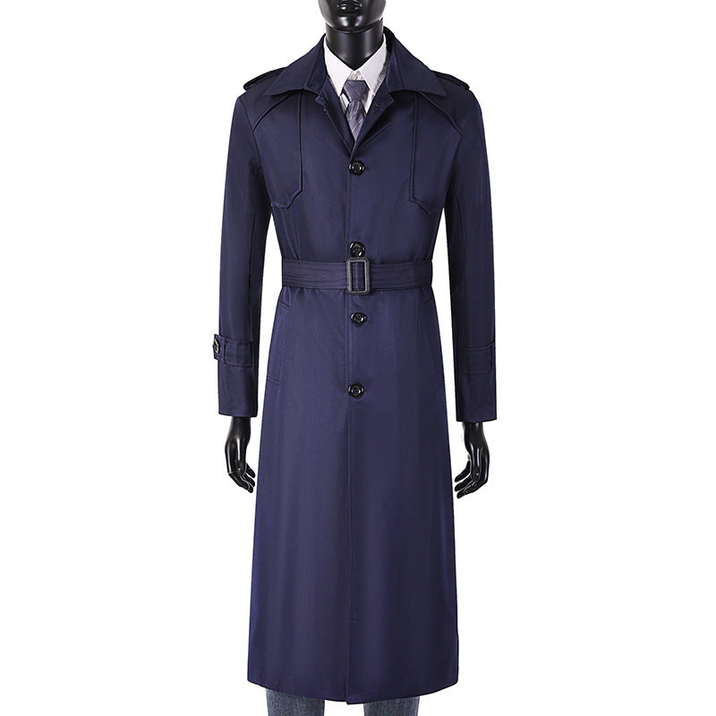 Men's Long Cut Trench Coat with Classic Lapels and Water-Repellent Finish Chichicherry