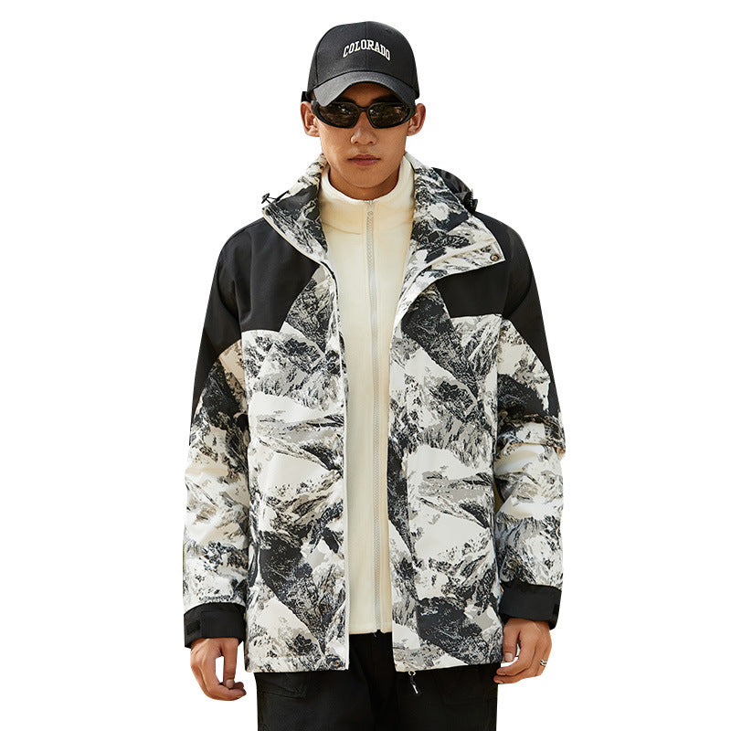 Women's Waterproof Outdoor Jacket with Hood and Distinctive Mountain Print Chichicherry