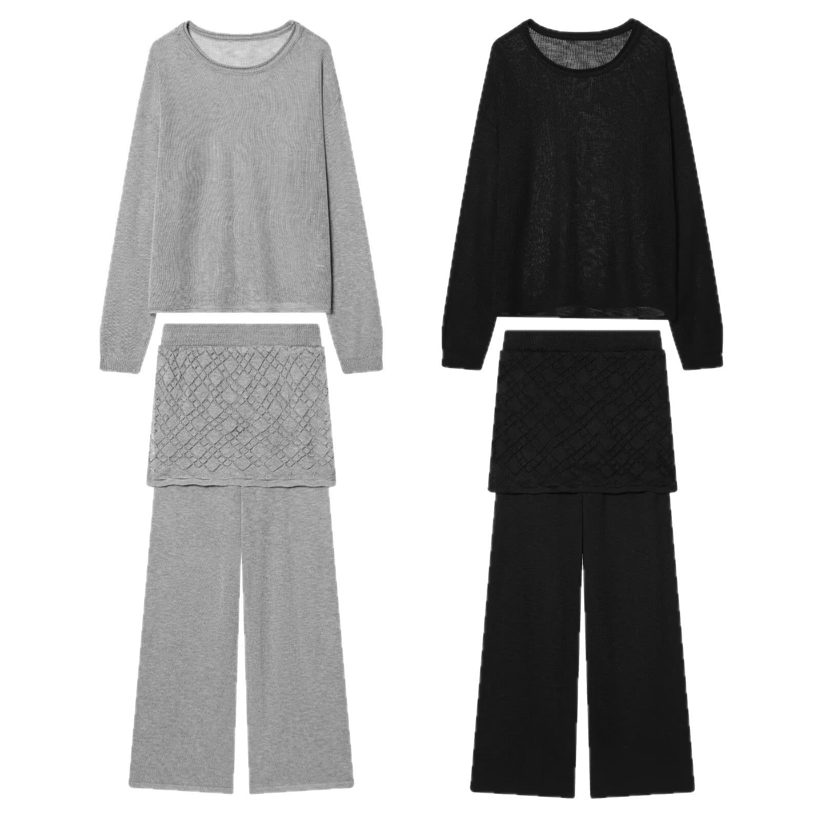 Women's Two-Piece Fine Knit Set with Airy Round Neckline, Wide Pleated Look Pants and Decorative Skirt Overlay Chichicherry