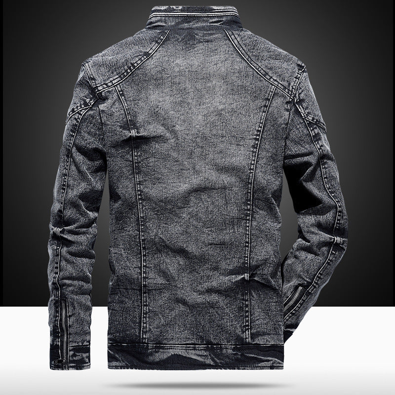 Men's Slim-Fit Denim Work Jacket with Stand Collar and Zipper Details Chichicherry