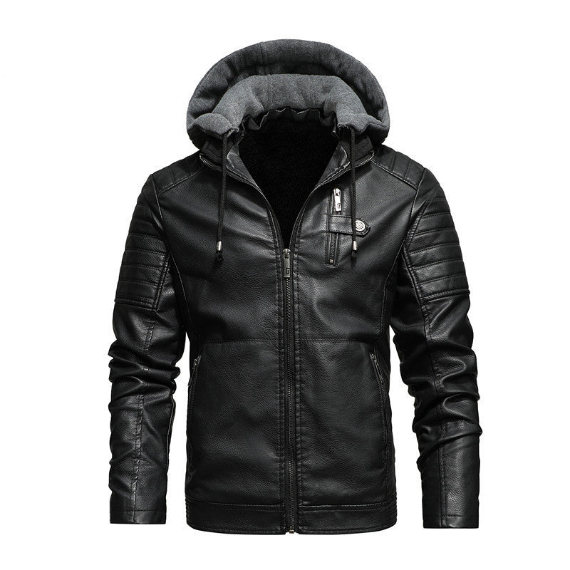 Men's Faux Leather Hoodie Blouson with Teddy Lining, Quilted Sleeve Yoke and Hood Layer Chichicherry