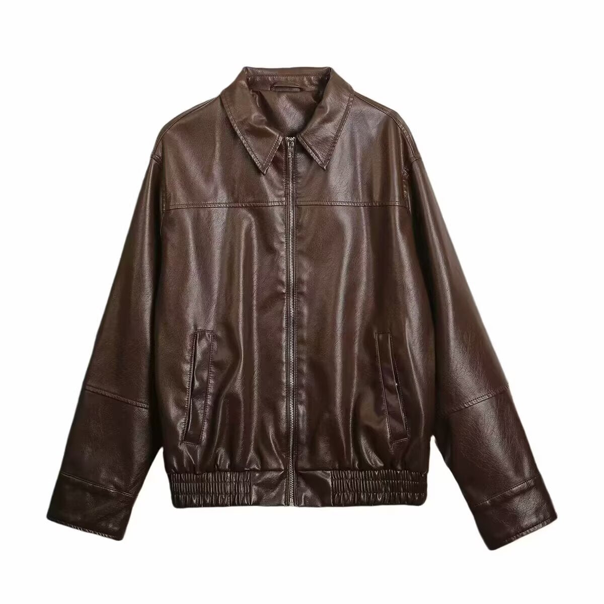 Women Boxy Faux Leather Blouson Jacket with Shirt Collar, Zipper and Elastic Hem Chichicherry