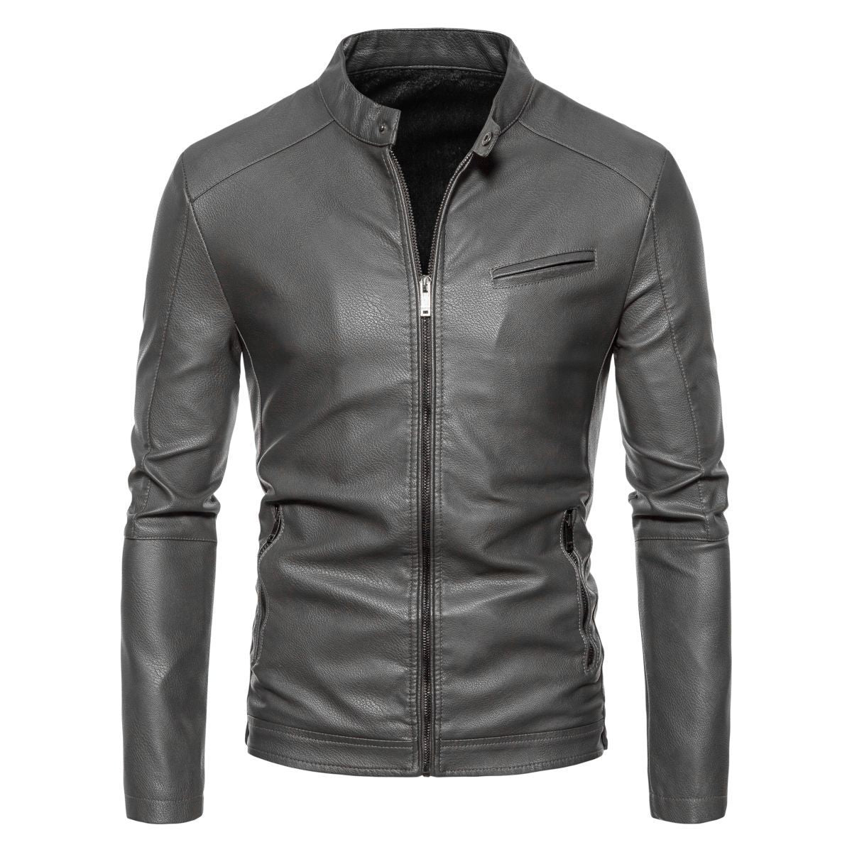 Men's Slim Faux Leather Biker Jacket with Stand-up Collar, Faux Fur Lining and Zipper Pockets Chichicherry