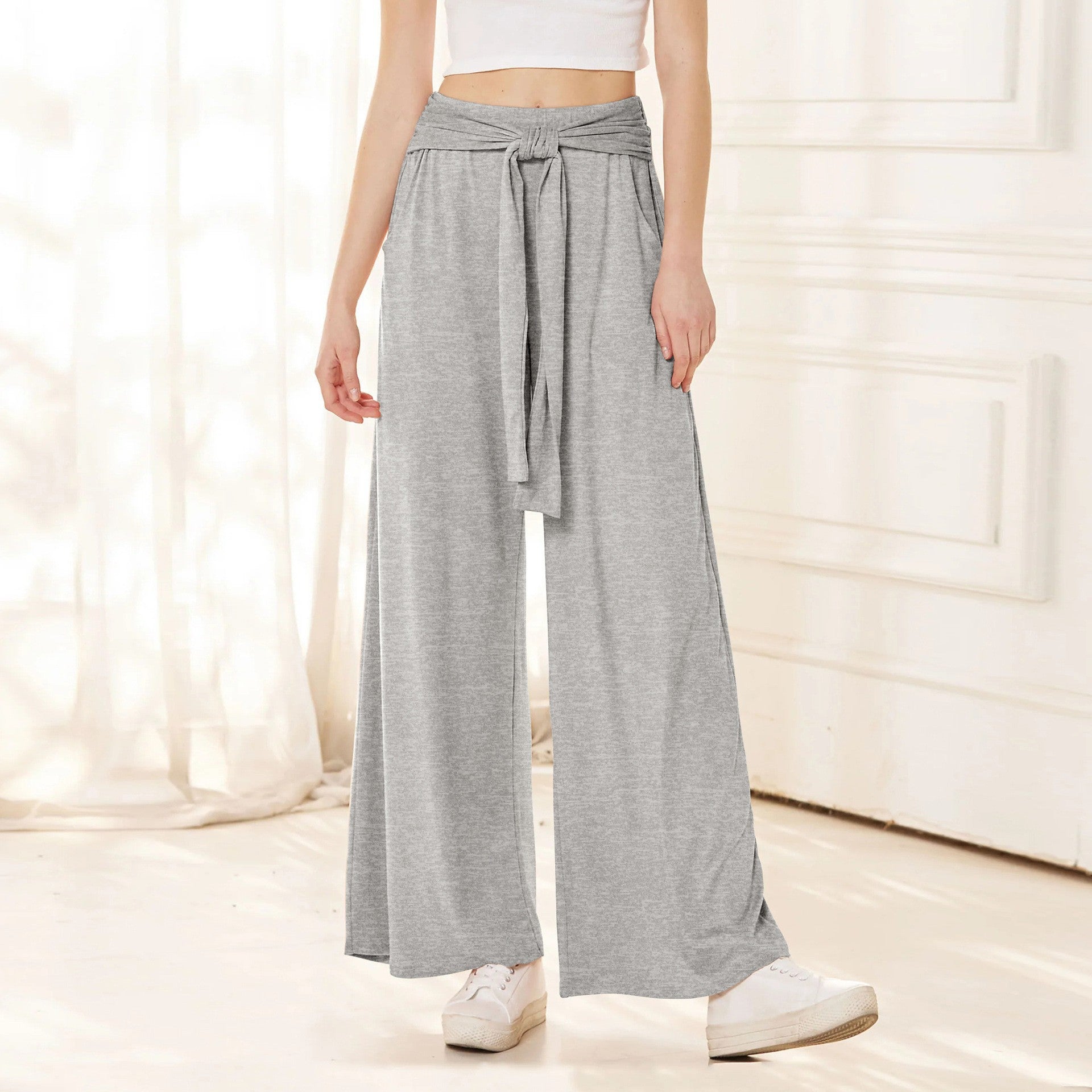 Women Wide Jersey Pants with High Waist and Tie Belt Chichicherry