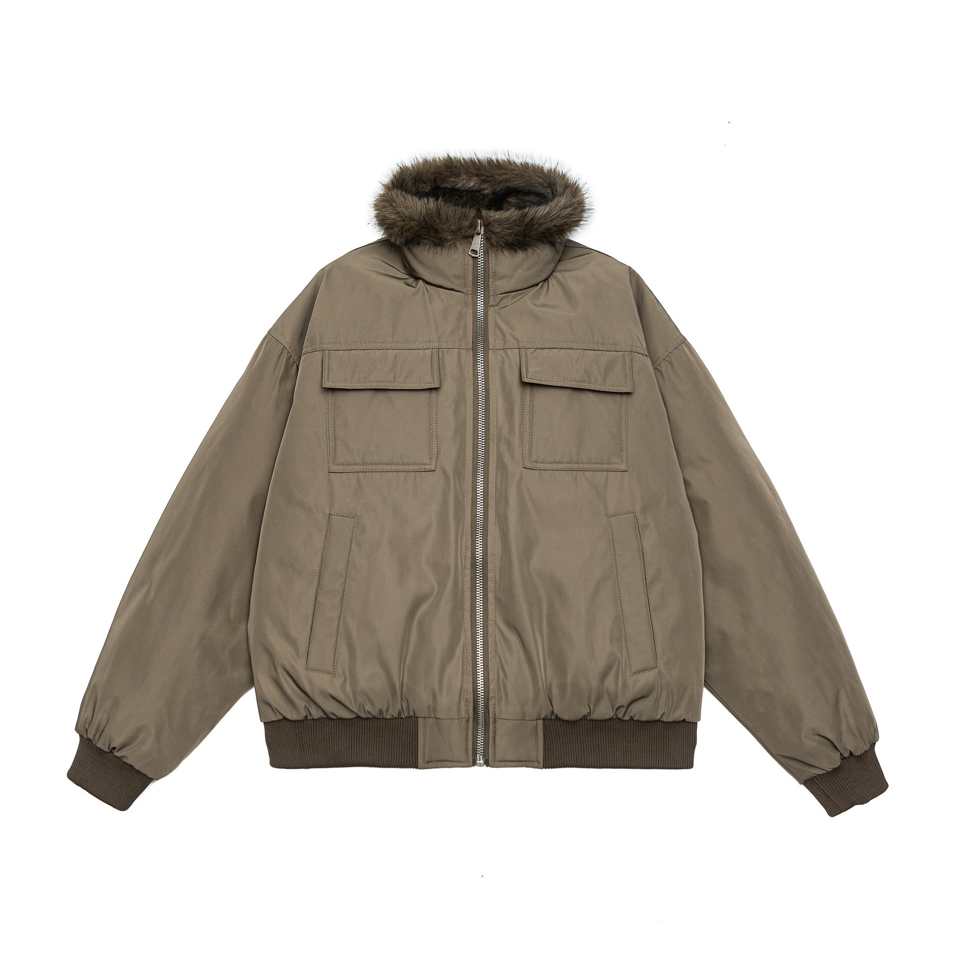 Men's Quilted Short Bomber Jacket with Removable Faux Fur Hood and Patch Front Pockets Chichicherry