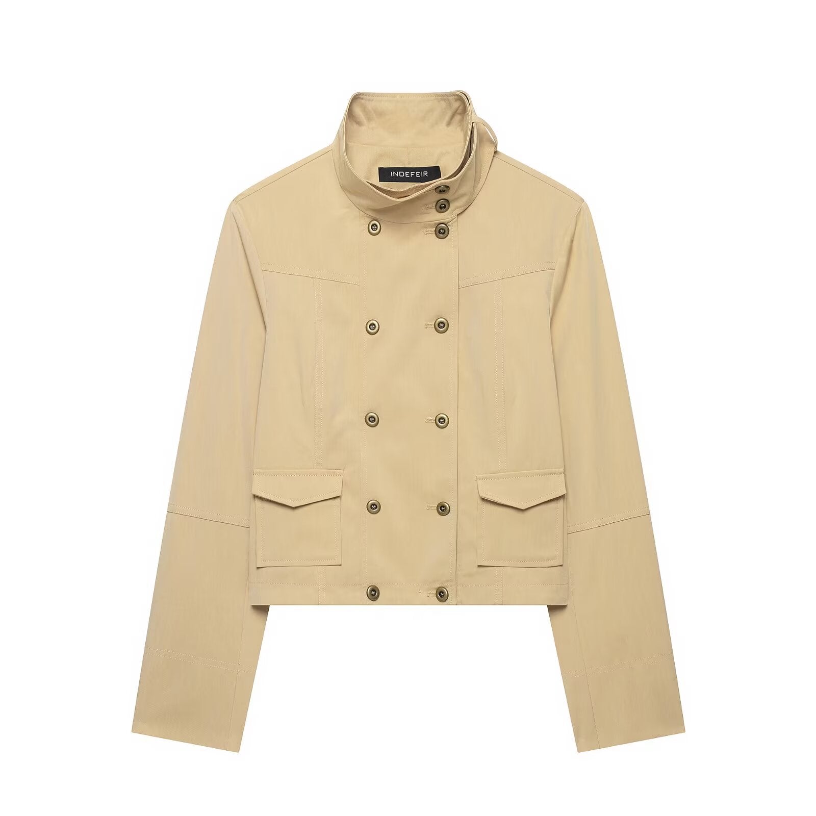 Ladies Short Double-Breasted Utility Jacket with Stand Collar and Flap Pockets Chichicherry
