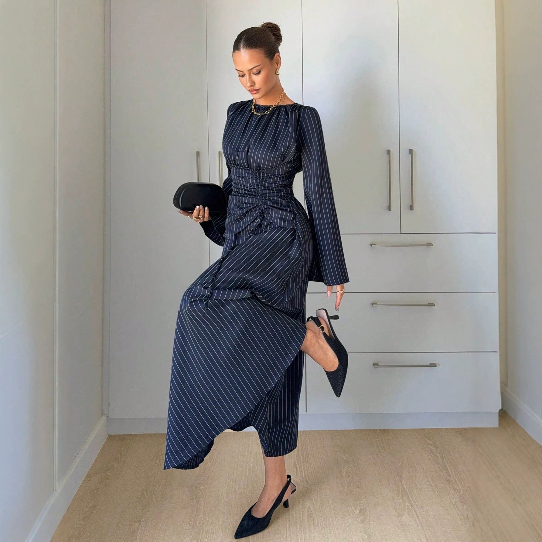 Ladies Max Dress with gathered waist lacing and bell sleeves Chichicherry