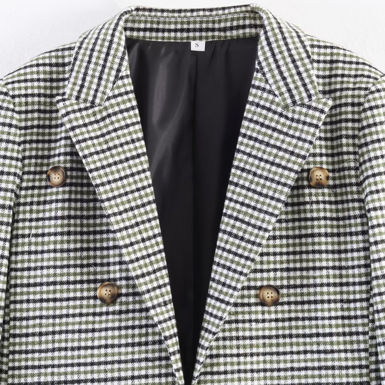 Women Double-Breasted Houndstooth Blazer with Tail Hem and Lapel Collar Chichicherry