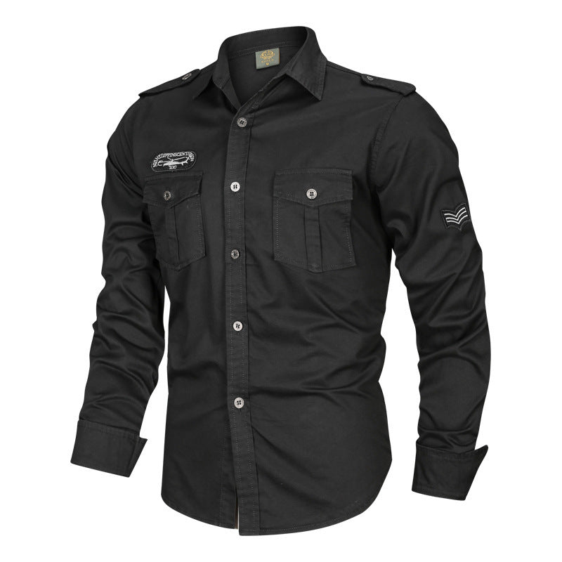 Men's military cotton shirt with epaulettes, flap pockets, and embroidered patches Chichicherry