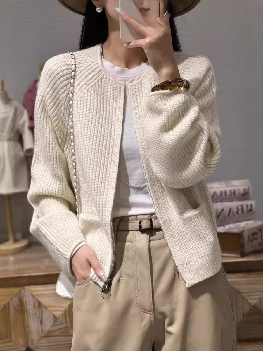 Women Short-Cut Boxy Cardigan with Ribbed Fine Knit Balloon Sleeves and Attached Pockets Chichicherry