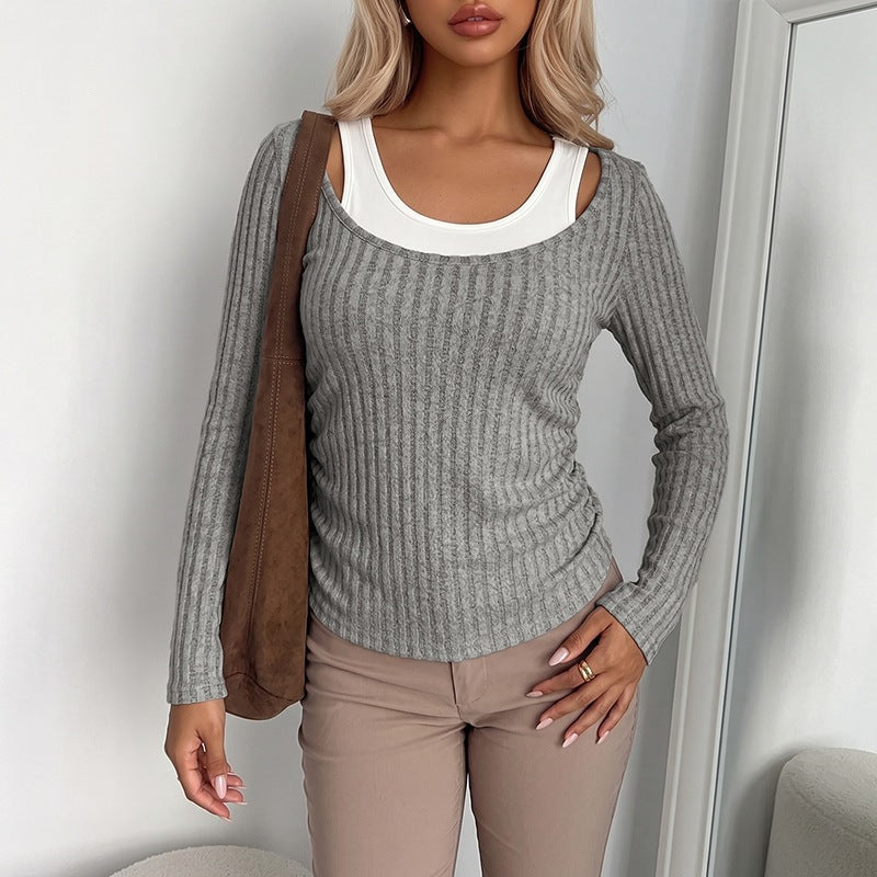 Women Ribbed Long Sleeve Shirt with Wide Boat Neck and Fitted Silhouette Chichicherry