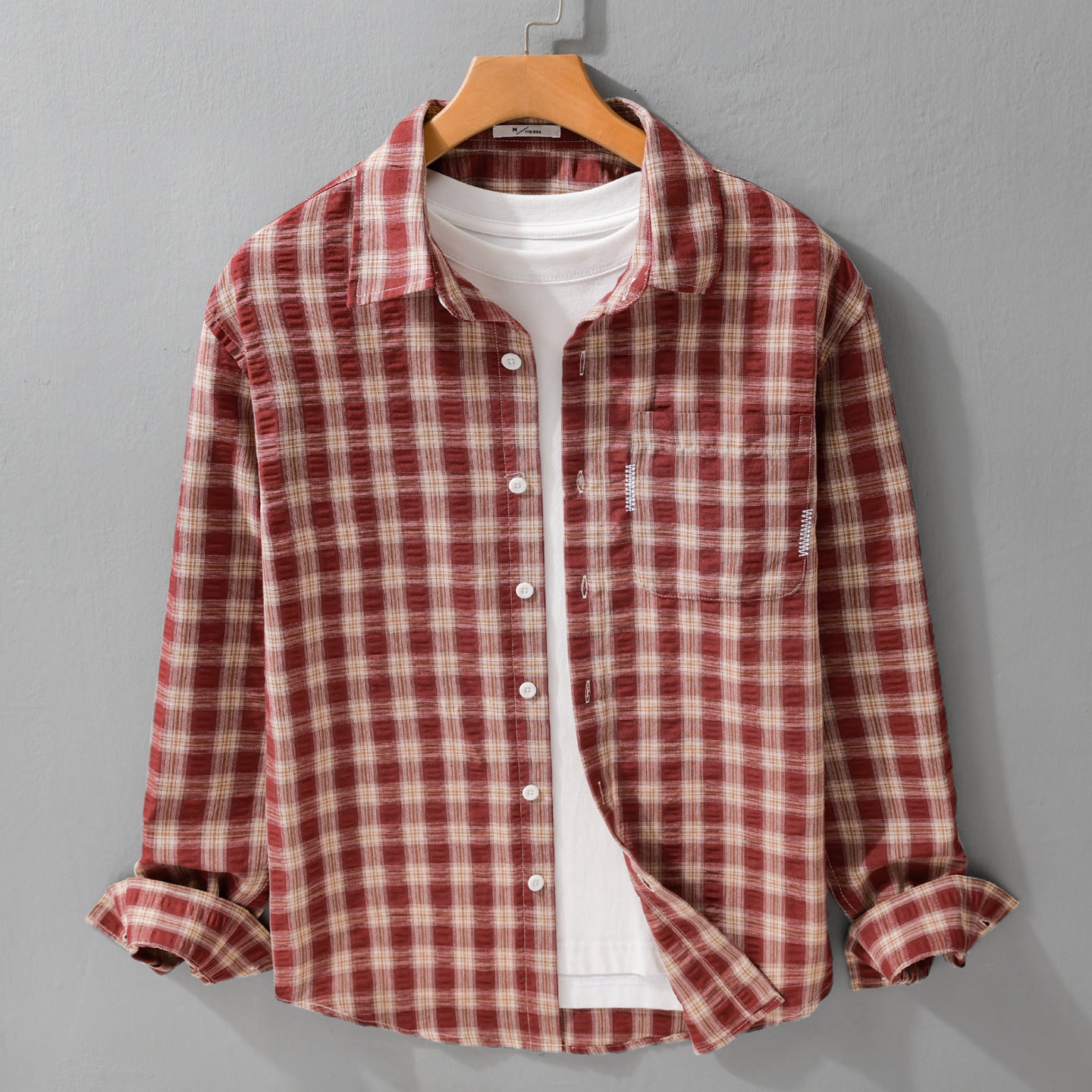 Men's Lightweight Checkered Cotton Overshirt with Soft-Crinkle Structure, Chest Pocket, and Relaxed Fit Chichicherry