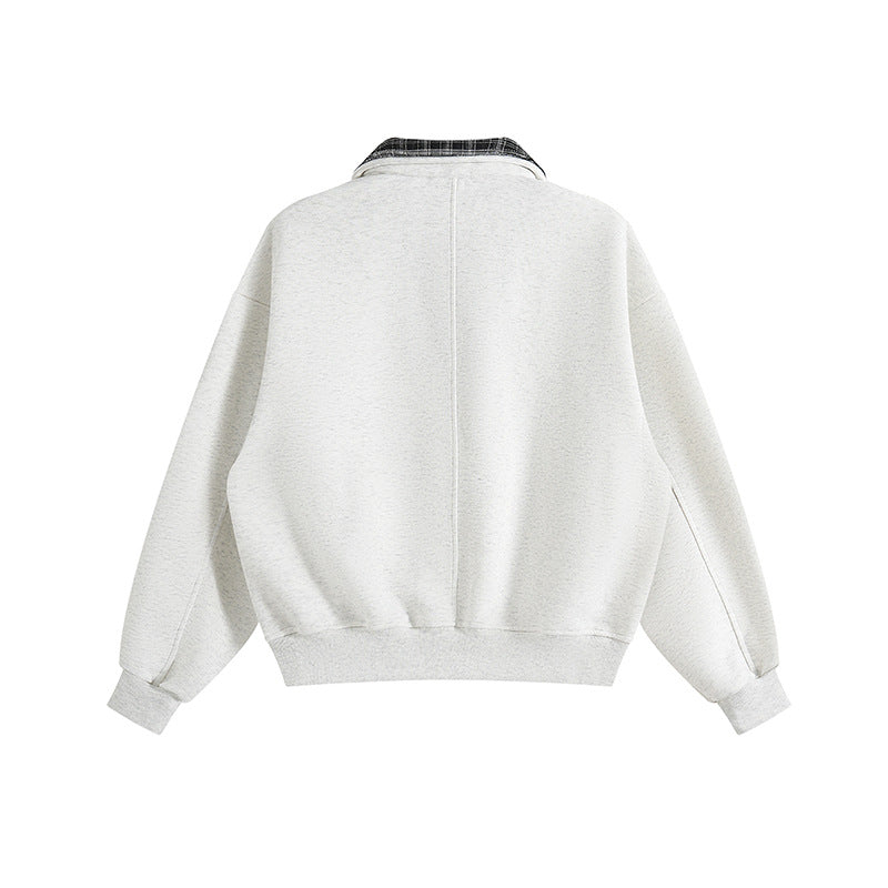 Unisex layered look sweatshirt with sewn-in check collar and side pocket openings Chichicherry