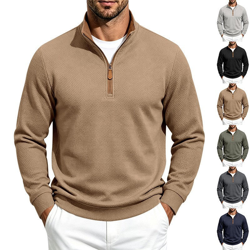 Men's Texture Half-Zip Pullover with Stand Collar and Contrast Inner Collar Chichicherry