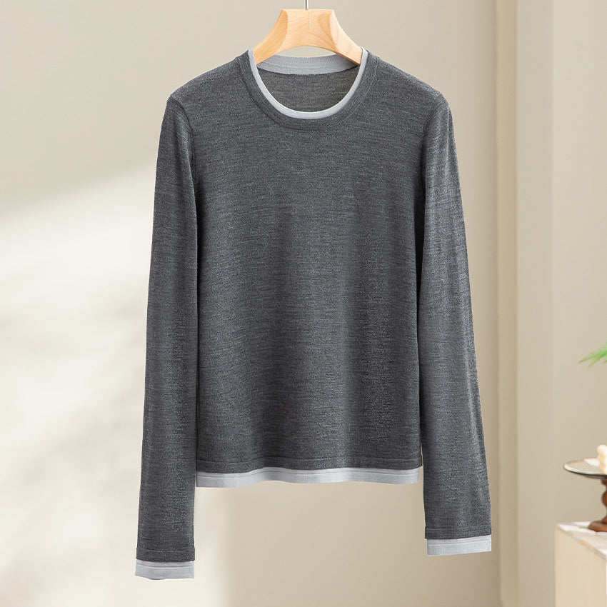 Women Fine Round Neck Sweater made of Merino Mix with Contrast Cuffs Chichicherry