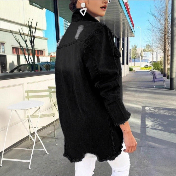 Ladies Longline Denim Jacket with Destroyed Details and Fringed Hem Chichicherry