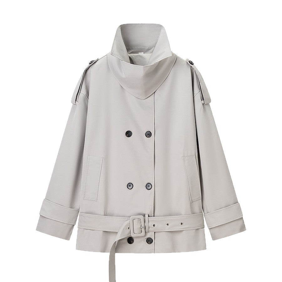 Women's short trench-style jacket with high standing collar, double-breasted front and waist belt Chichicherry