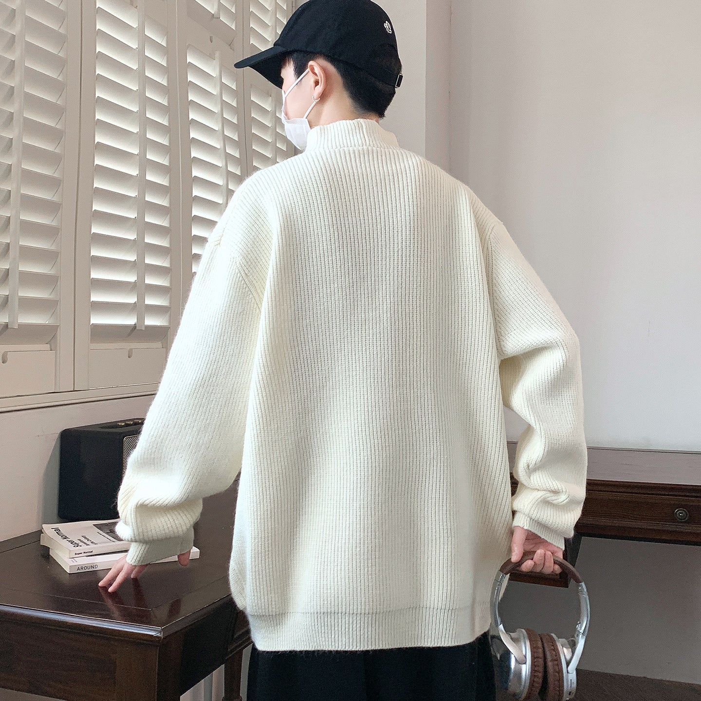 Men's Oversized Ribbed Sweater with Asymmetric Button Collar Chichicherry