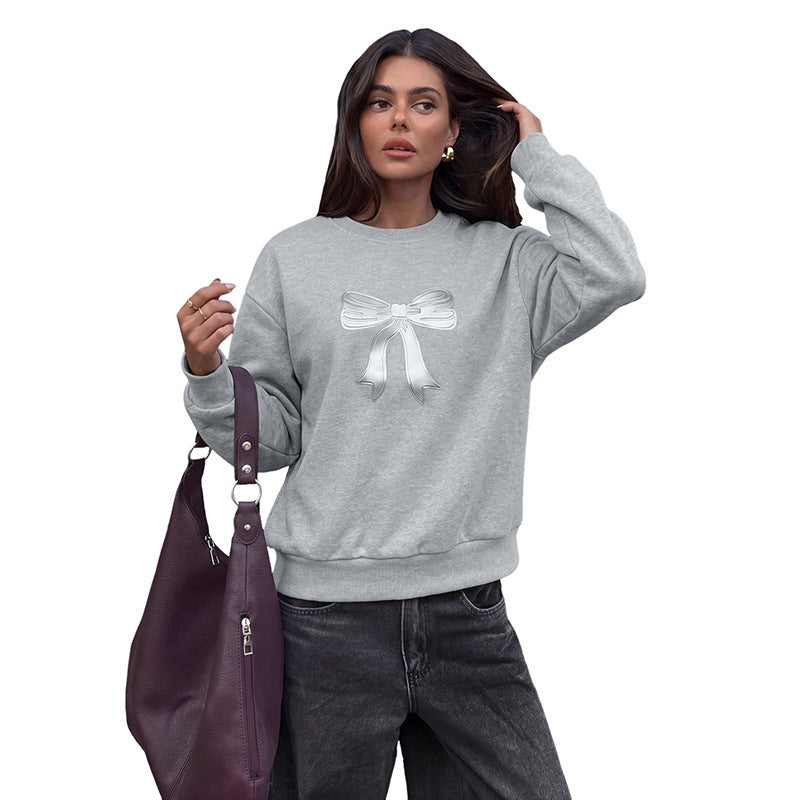 Women's Oversize Sweatshirt with Bow Print, Round Neck and Ribbed Hem Chichicherry