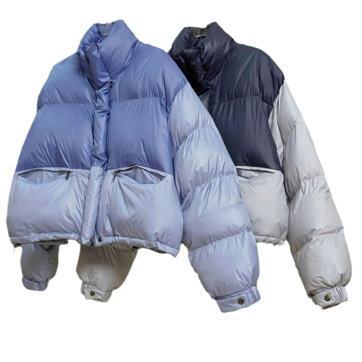 Women's Short Quilted Puffer Jacket with Colorblock, High Stand Collar and Drawstring Chichicherry