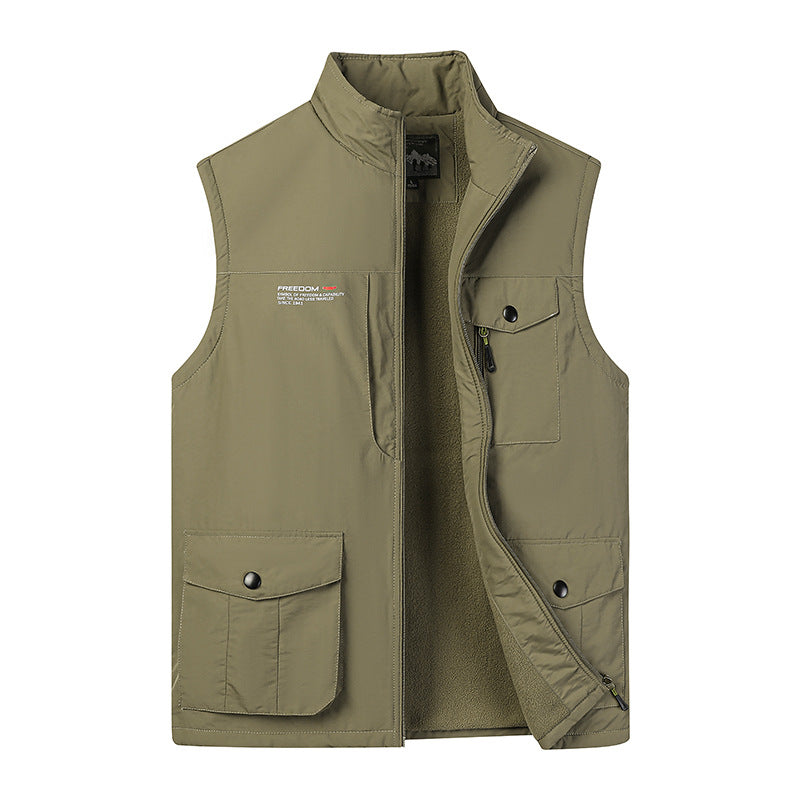 Men's utility vest with fleece lining, multifunction pockets, and stand-up collar Chichicherry