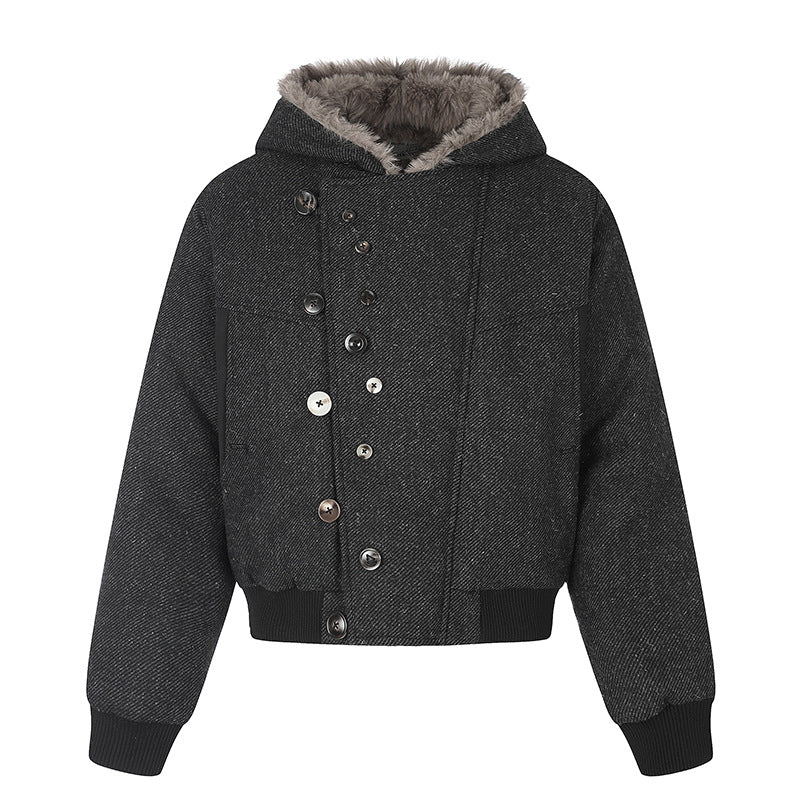 Women's hooded bomber jacket with faux fur lining, asymmetrical multi-button placket, and ribbed hem Chichicherry