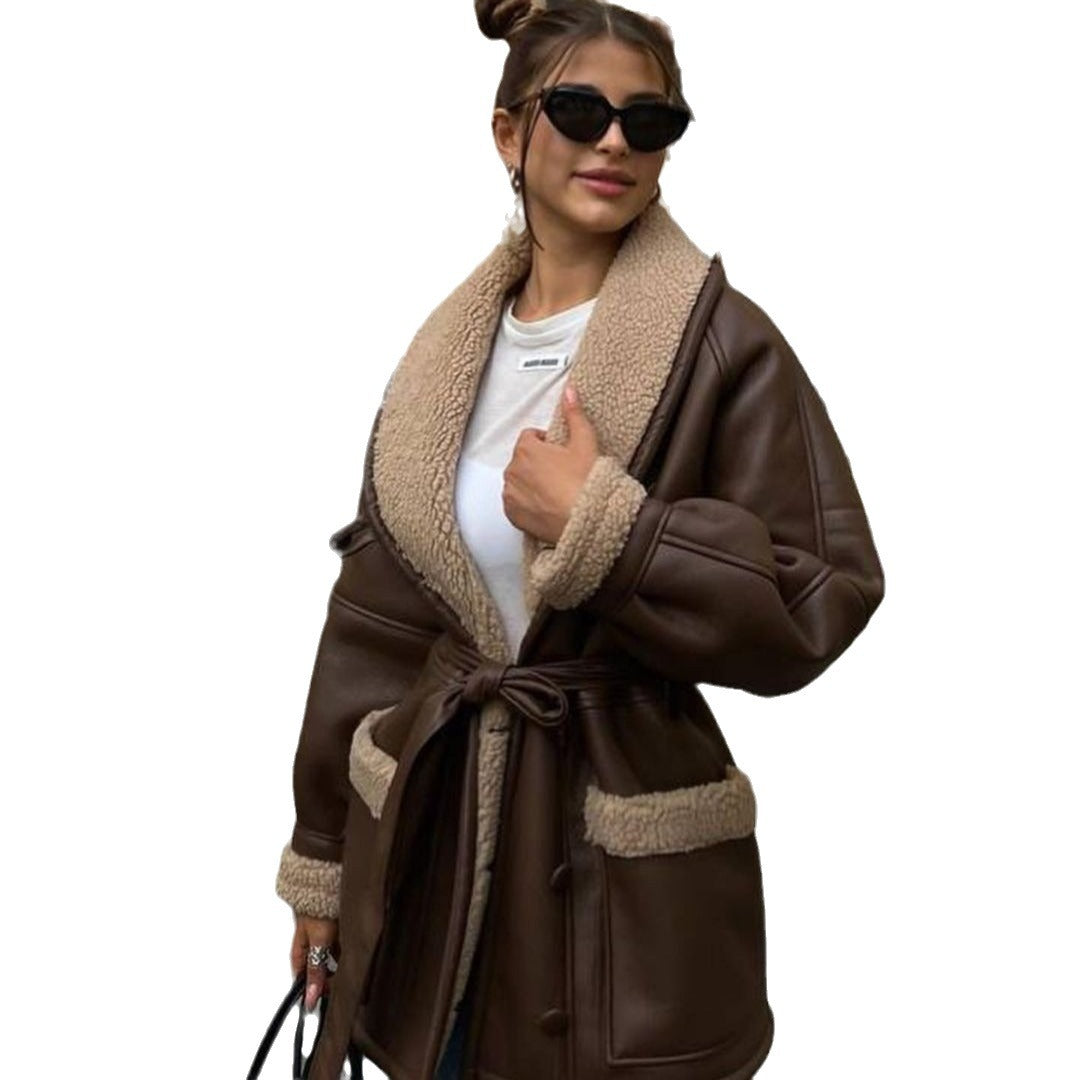 Damen Kurzer Teddy-Mantel mit Bindegürtel und Schalkragen Chichicherry
