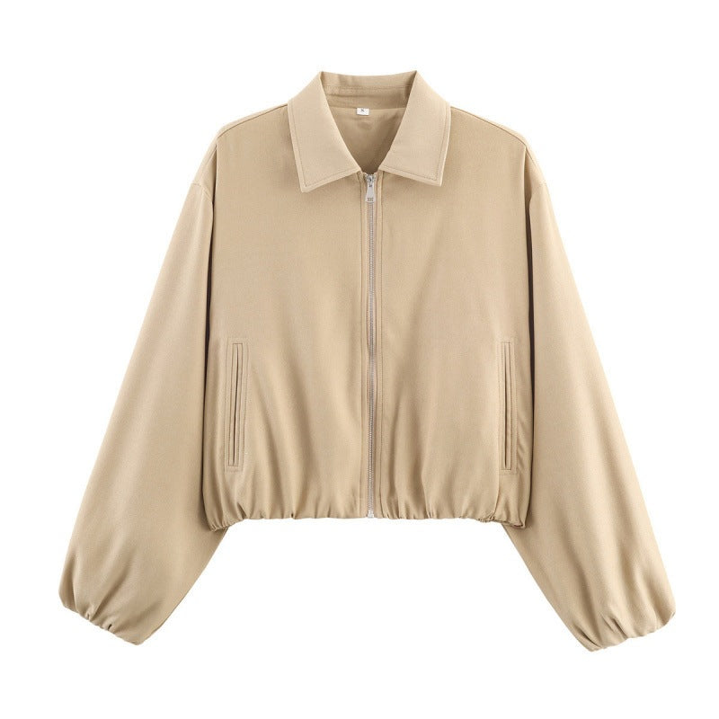Women Polka Dot Cropped Bomber Jacket in Retro Look with Shirt Collar and Elastic Hem Chichicherry