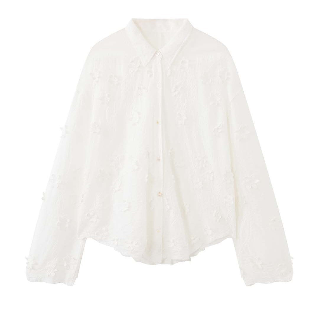 Women's Transparent Blouse with 3D Flower Embroidery, Shirt Collar and Button Placket Chichicherry