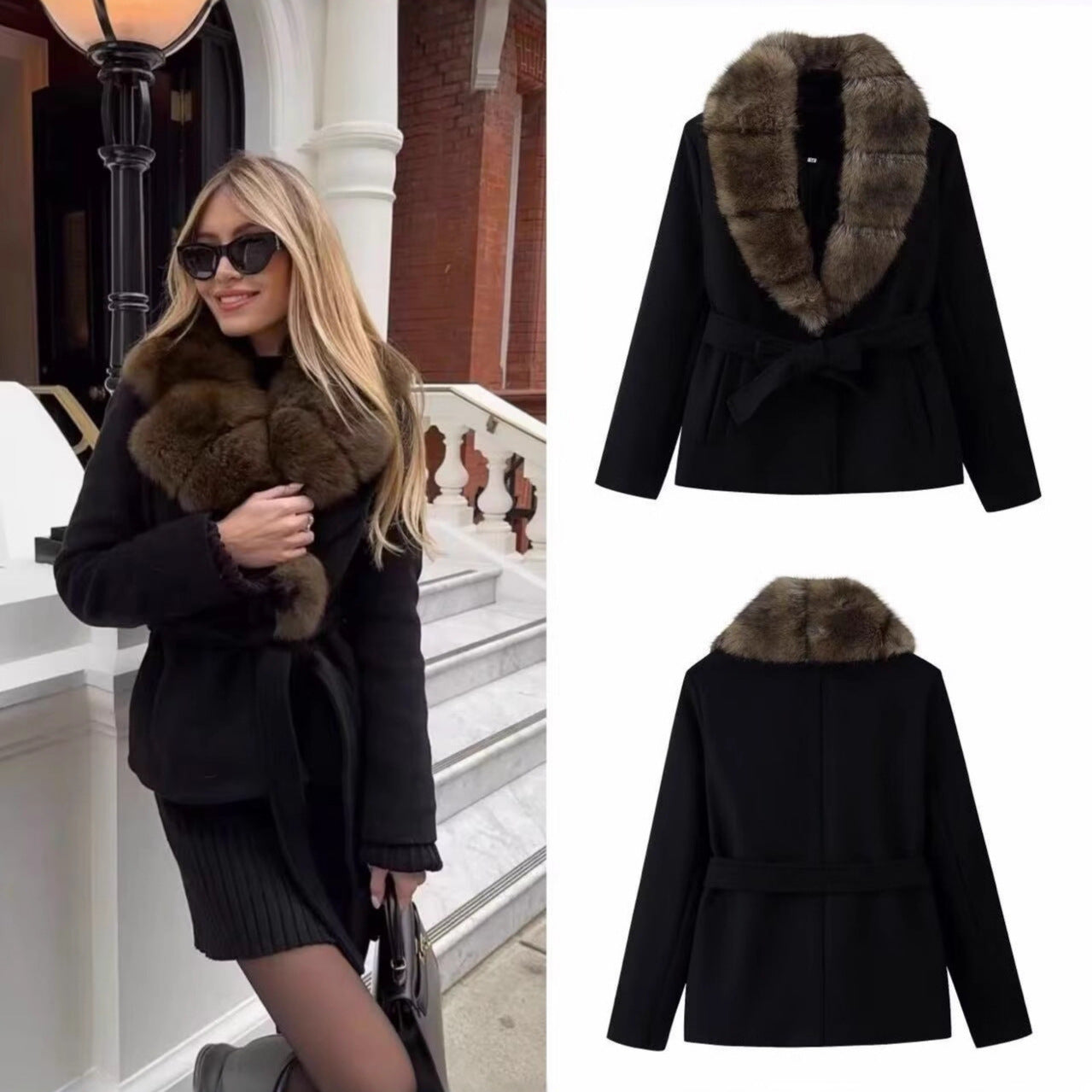 Women's Short Wool Blend Coat with Removable Faux Fur Shawl Collar and Waist Belt Chichicherry
