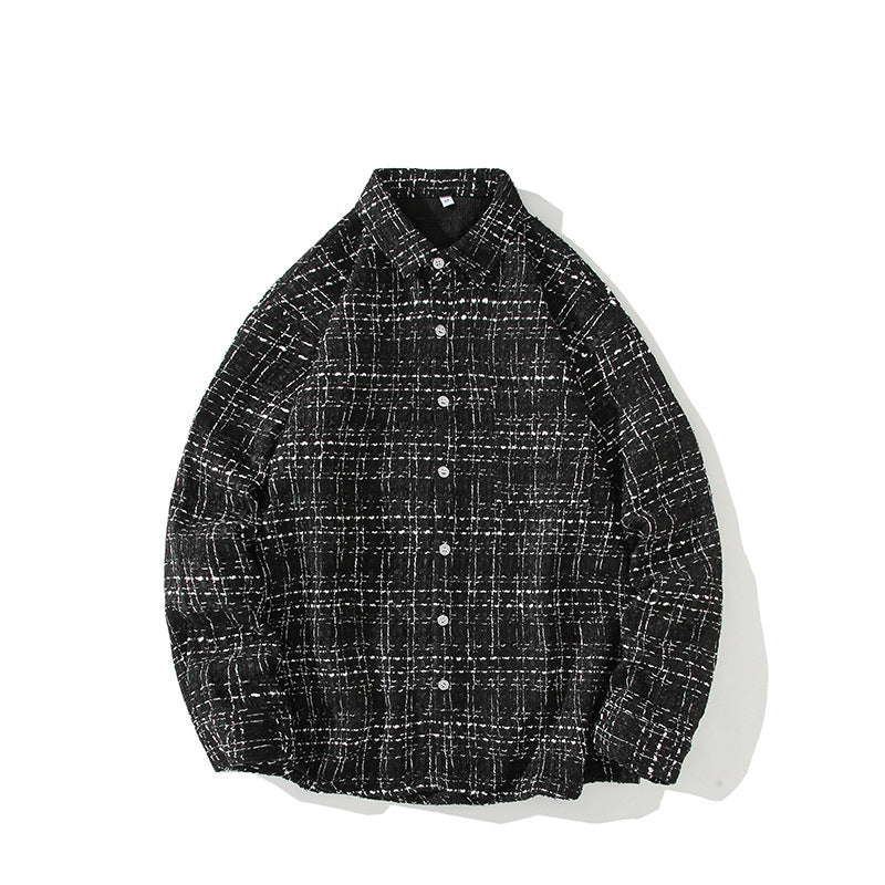 Men's Structured Boucle Shirt Jacket with Check Jacquard and Casual Fit Chichicherry