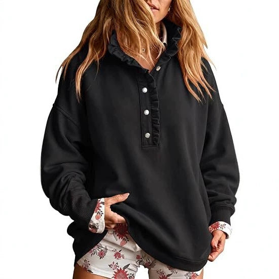 Women's oversized sweatshirt with ruffled collar and snap button placket Chichicherry